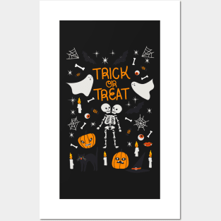 halooween, skeleton, black cat, trick or treat, ghost, bat, fire, candle, holiday, gift, for him, for her, child Posters and Art